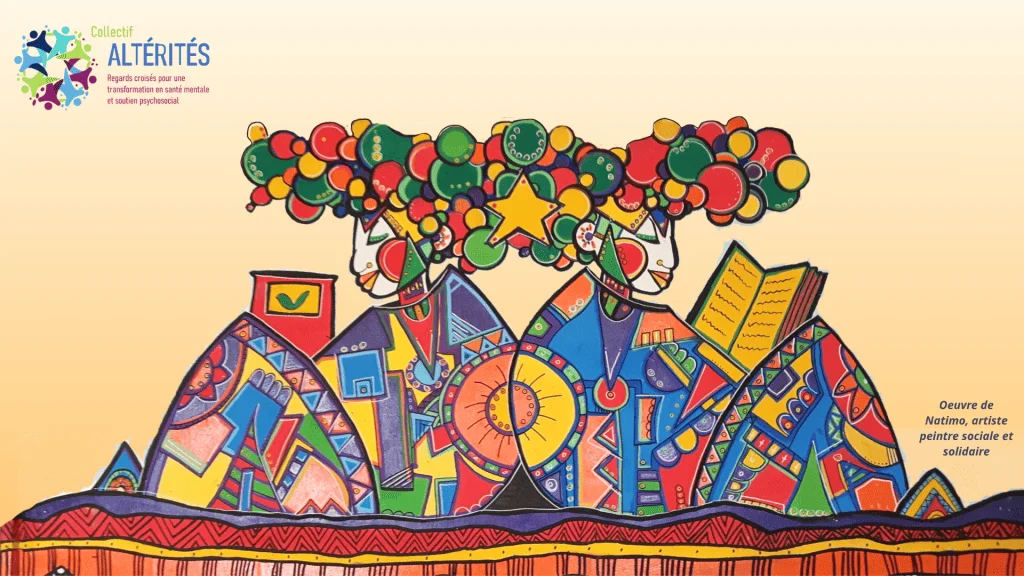 Visuel du Collectif Altérités : deux silhouettes colorées sous une couronne de cercles, œuvre de Natimo, artiste peintre sociale et solidaire